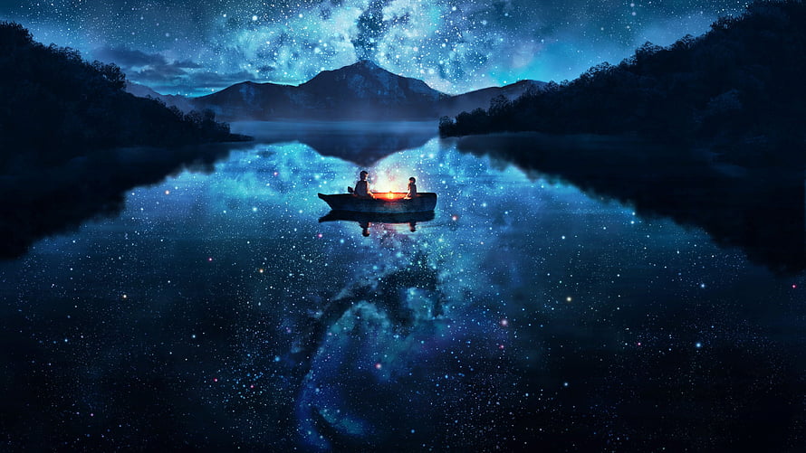 Two Figures in a Boat on a Lake Reflecting the Milky Way Galaxy at Night HD wallpaper
