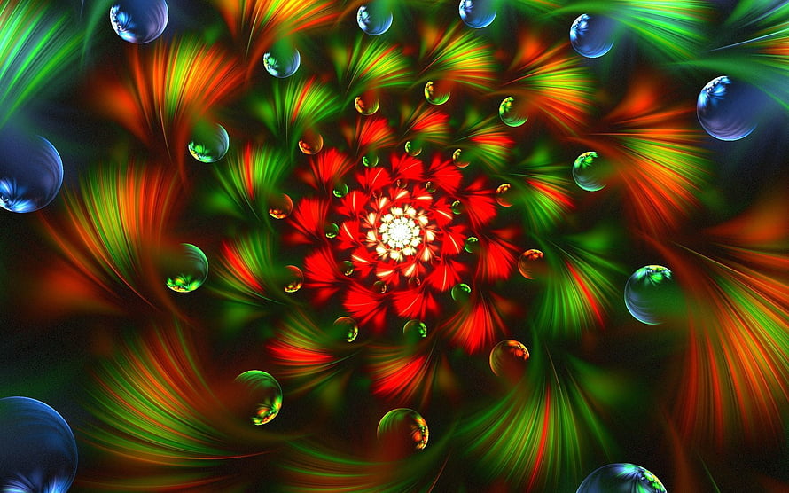 Vibrant Fractal Flower with Radiating Green and Red Light Streaks and Floating Bubbles HD wallpaper