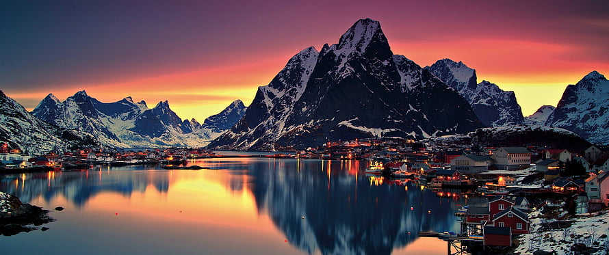 Reine Village Lofoten Islands Norway Sunset Winter Landscape HD wallpaper