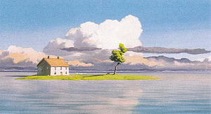 Spirited Away Studio Ghibli Island House and Tree Watercolor Landscape HD wallpaper