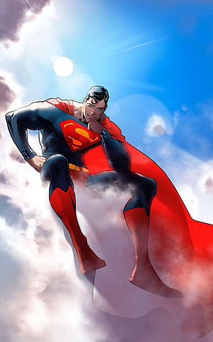 Superman Sitting on Clouds in Blue Sky with Red Cape, Superman, Superman Comic Book HD phone wallpaper