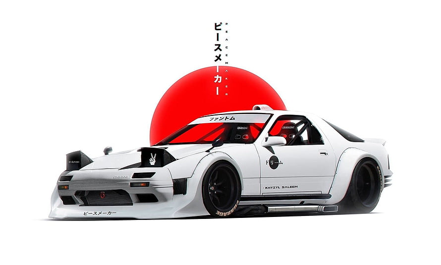 White Nissan 180SX Widebody Drift Car with Red Sun Background HD wallpaper