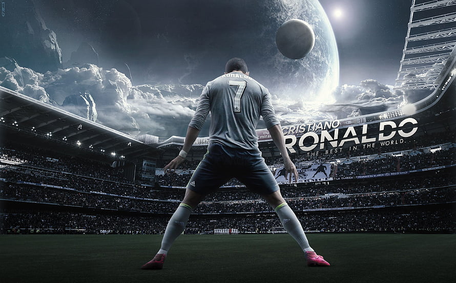 Cristiano Ronaldo in a dramatic stadium scene with a cosmic planet backdrop HD wallpaper