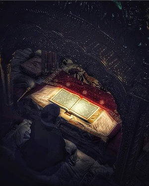 Guru Granth Sahib Ji Resting on Ornate Cushions in a Dimly Lit Sacred Chamber HD phone wallpaper