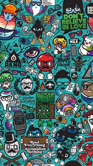 Colorful Doodle Art Pattern with Quirky Characters and Pop Culture References HD phone wallpaper