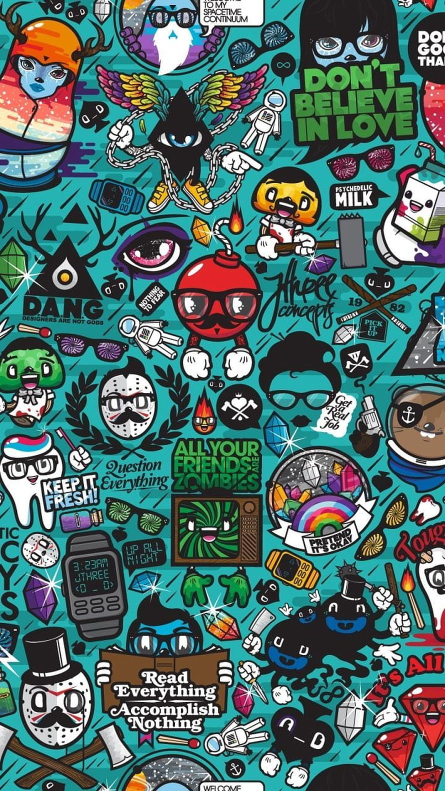 Colorful Doodle Art Pattern with Quirky Characters and Pop Culture References HD phone wallpaper