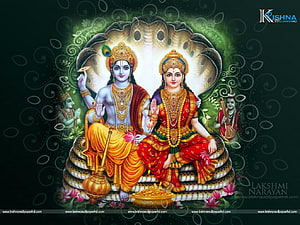 Lakshmi Narayan Divine Couple Seated on Serpent Throne with Golden Halo HD wallpaper