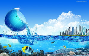 Digital Ocean Scene With Glass Globe Pouring Water Over Coral Reef And City Skyline HD wallpaper