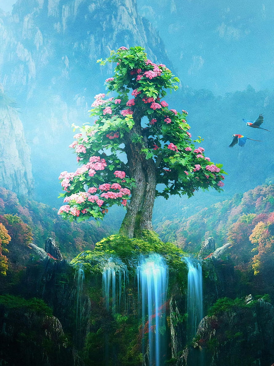 Magical Fantasy Tree with Pink Blossoms on a Cliff with Waterfalls and Parrots HD phone wallpaper