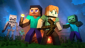 Minecraft Steve and Alex holding torch and pickaxe with skeleton and zombie enemies HD wallpaper