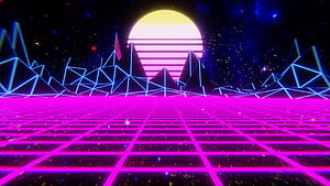 Neon Synthwave Landscape with Retro Grid and Striped Sun HD wallpaper