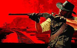 Red Dead Redemption Western Gunslinger Aiming Rifle in Red Tinted Desert Landscape HD wallpaper