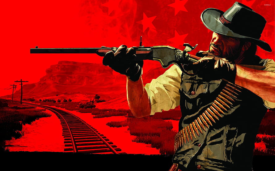 Red Dead Redemption Western Gunslinger Aiming Rifle in Red Tinted Desert Landscape HD wallpaper