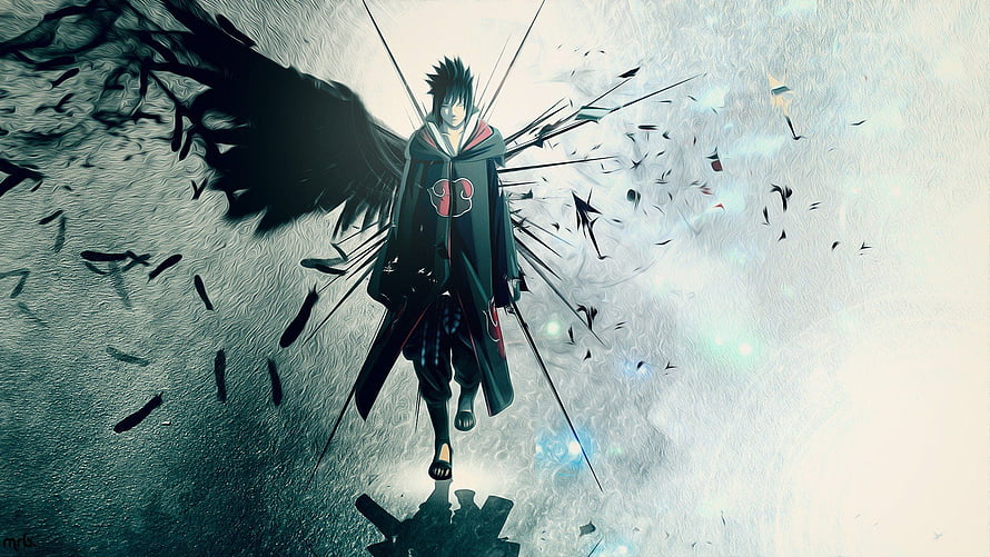 Sasuke Uchiha with Black Wings and Sharingan in Naruto Anime Artwork HD wallpaper