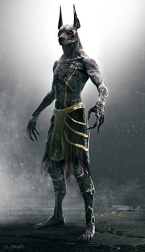 Anubis Warrior Concept Art with Golden Armor and Red Eyes in Rainy Atmosphere HD phone wallpaper