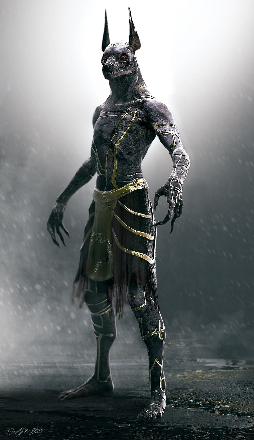 Anubis Warrior Concept Art with Golden Armor and Red Eyes in Rainy Atmosphere HD phone wallpaper