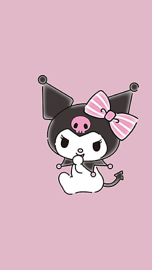 Cute Kuromi Character Illustration with Pink Bow on Soft Pink Background HD phone wallpaper