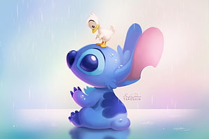Cute Stitch Sitting in Rain with Duck on Head HD wallpaper