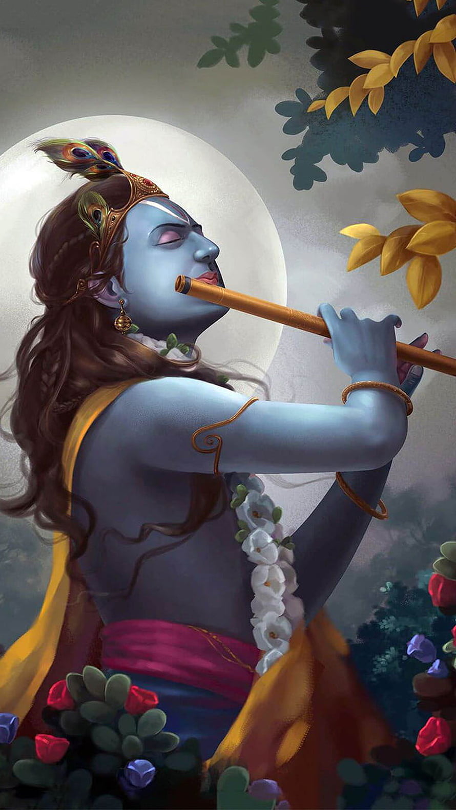 Lord Krishna Playing Flute Under Full Moon Digital Art Wallpaper HD phone wallpaper