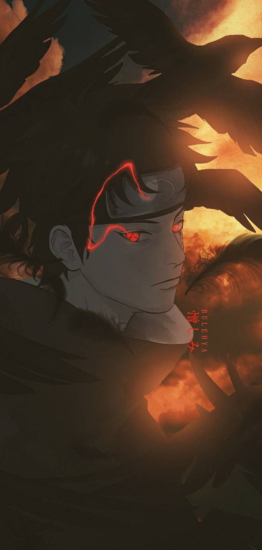 Uchiha Shisui Anime Portrait with Glowing Red Sharingan Eyes and Dark Fiery Background HD phone wallpaper