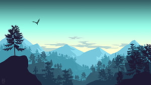 Serene Mountain Landscape With Pine Trees And Soaring Bird At Dawn HD wallpaper