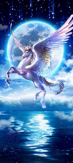 Celestial Winged Unicorn Soaring Above Moonlit Ocean in Fantasy Digital Art HD phone wallpaper