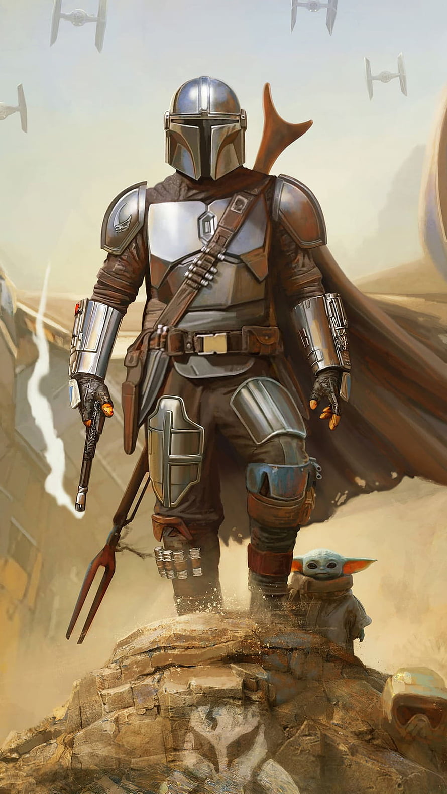 The Mandalorian and Grogu Standing on Rocky Outcrop with TIE Fighters in Sky HD phone wallpaper
