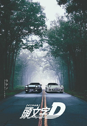 Initial D anime poster featuring Toyota AE86 and Nissan Silvia S13 on a misty mountain road HD phone wallpaper