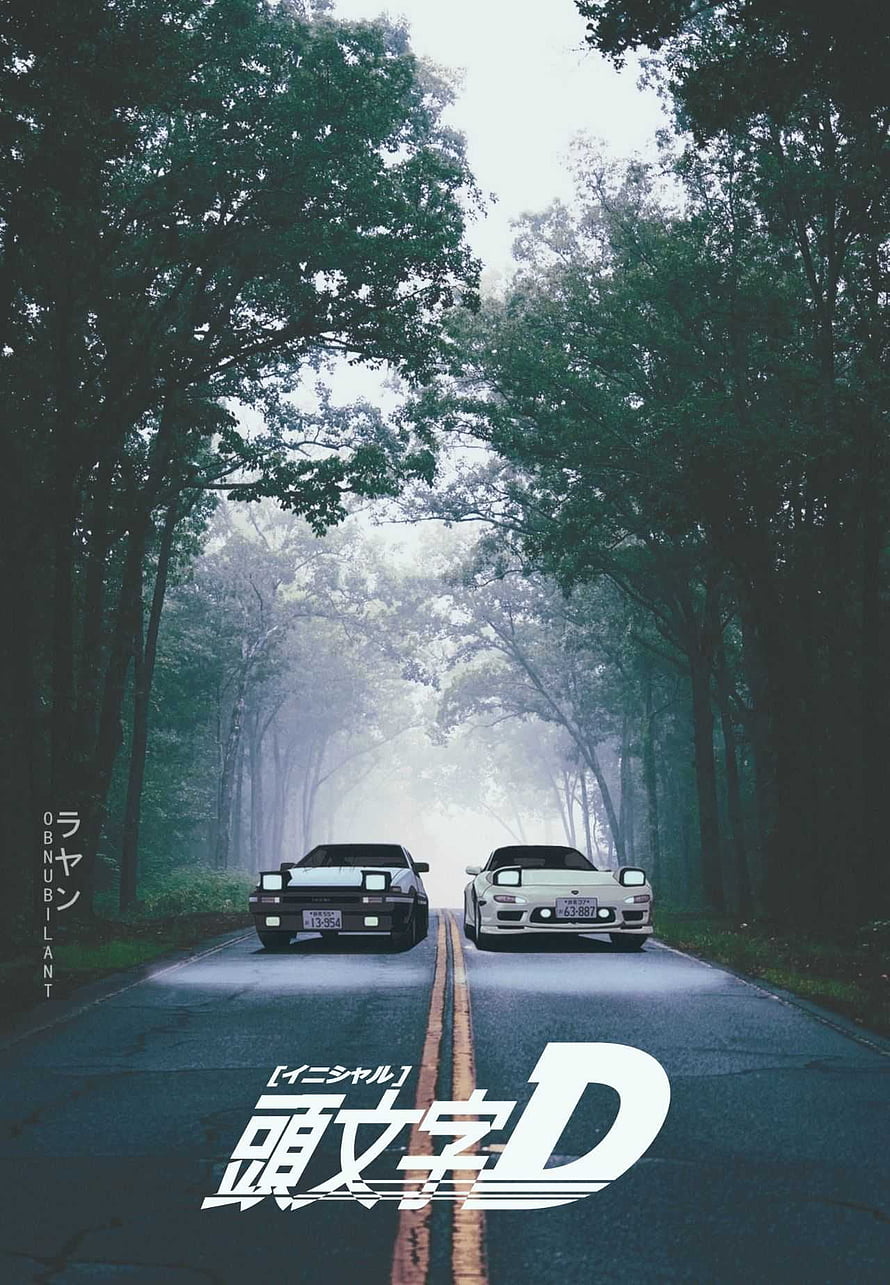 Initial D anime poster featuring Toyota AE86 and Nissan Silvia S13 on a misty mountain road HD phone wallpaper