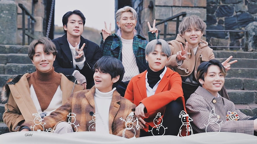 BTS members posing together in winter coats with snowman doodles on stone steps, BTS (#방탄소년단) '2020 BTS WINTER PACKAGE' PREVIEW SPOT - #BTS (#방탄소년단) '2020 BTS WINTER PACKAGE' PREVIEW SPOT - #BangtanBoys in 2020. Bts group, Bts boys, Album bts HD wallpaper