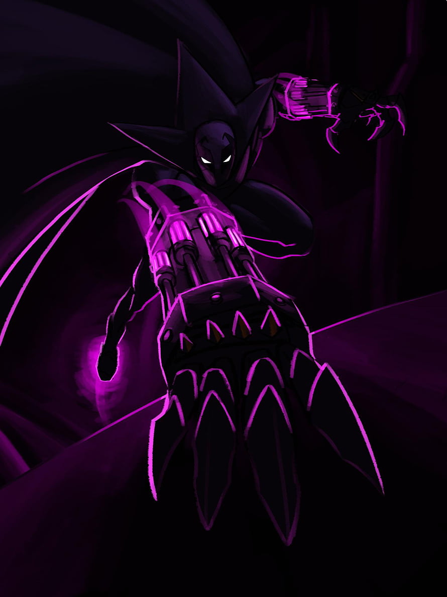 The Prowler Dark Fantasy Character with Glowing Magenta Armor and Mechanical Weapons HD phone wallpaper
