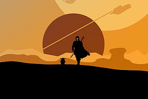 The Mandalorian and Grogu Silhouette Artwork Against a Twin-Sun Desert Sky HD wallpaper