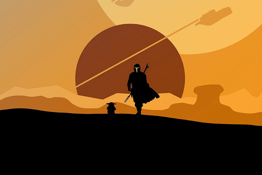 The Mandalorian and Grogu Silhouette Artwork Against a Twin-Sun Desert Sky HD wallpaper