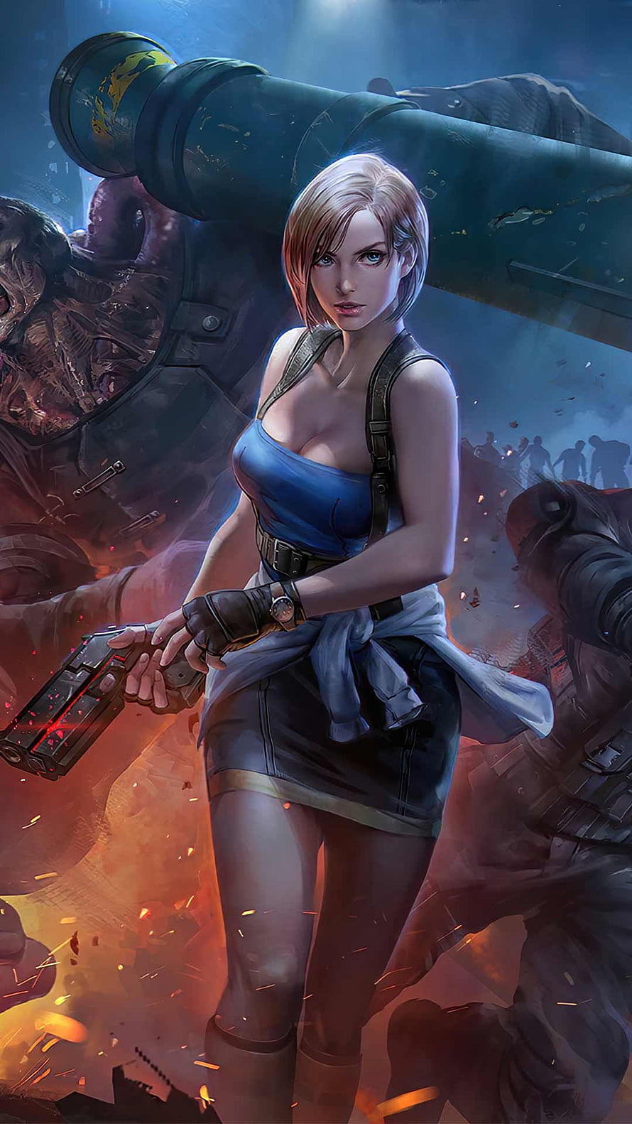 Jill Valentine from Resident Evil 3 Remake in a blue top holding a pistol amidst a fiery zombie outbreak HD phone wallpaper