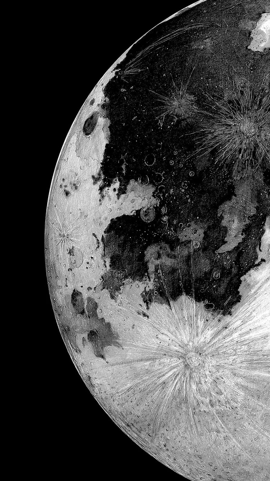 High Contrast Black And White Moon Surface With Craters And Rays HD phone wallpaper