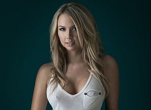 Portrait of a Blonde Woman in a White Tank Top Against a Dark Teal Background, Beautiful, Girl, Beauty, Woman, Model, Lovely, Female HD wallpaper