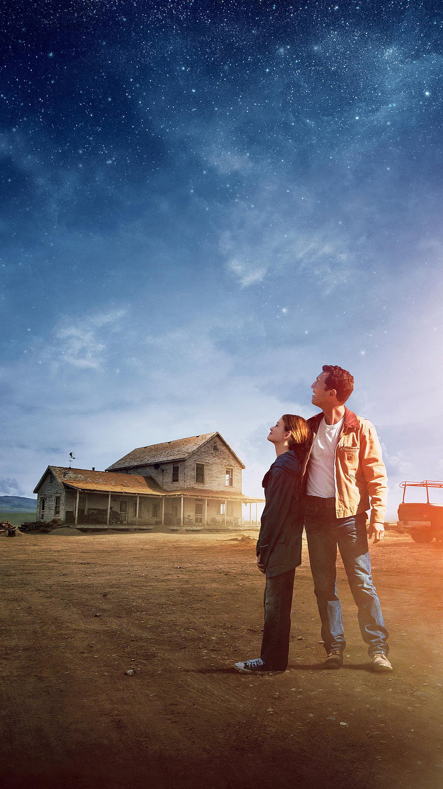 Couple Stargazing at Night in Front of an Old Rustic Farmhouse Under a Starry Sky HD phone wallpaper