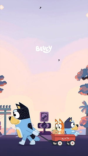 Bluey and Bingo Walking with a Red Wagon in a Pastel Sunset Landscape HD phone wallpaper