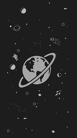 Minimalist Monochrome Space Illustration Featuring Ringed Planet, Astronaut, and Constellations HD phone wallpaper