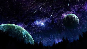 Two Alien Planets and Meteor Shower Over a Dark Forest Under a Starry Night Sky HD wallpaper