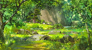 Spirited Away Chihiro in Lush Green Forest with Wildflowers and Rocks HD wallpaper