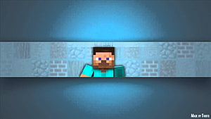 Minecraft Steve Character Banner with Blue Gradient Background and Block Texture Strip HD wallpaper