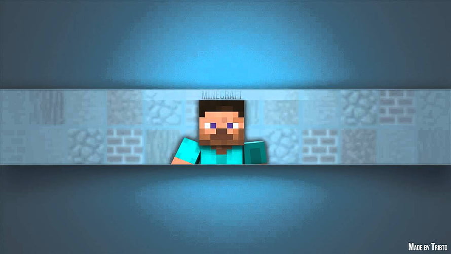 Minecraft Steve Character Banner with Blue Gradient Background and Block Texture Strip HD wallpaper