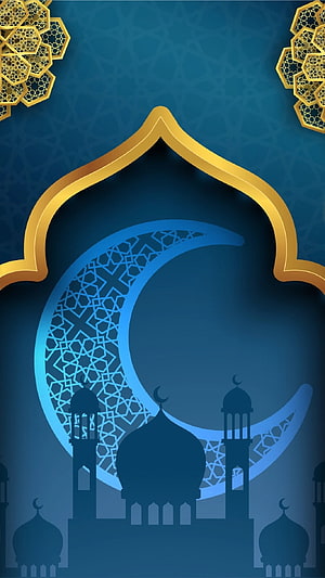 Elegant Islamic Ramadan Design with Crescent Moon and Mosque Silhouette on Blue Background HD phone wallpaper