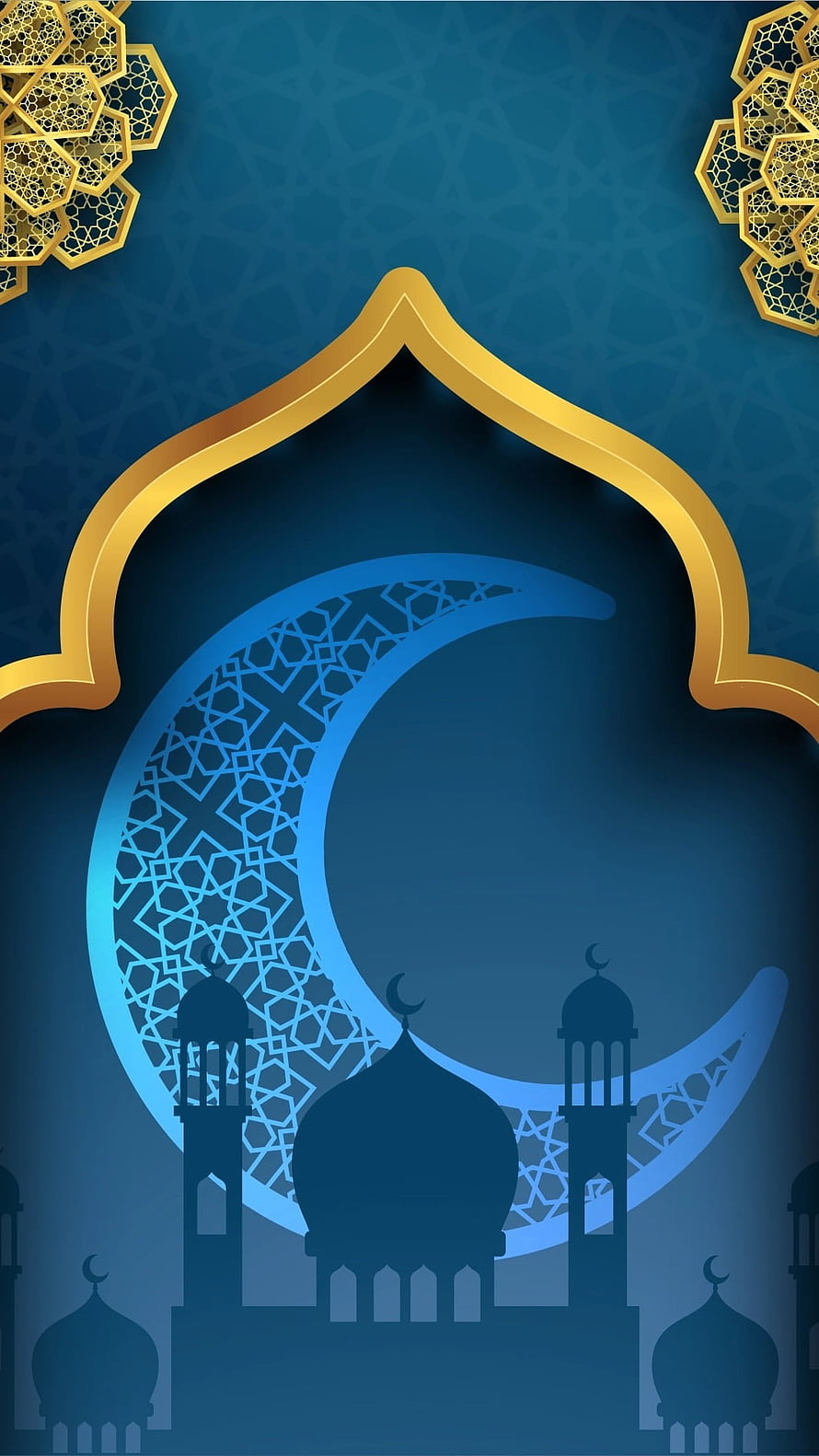 Elegant Islamic Ramadan Design with Crescent Moon and Mosque Silhouette on Blue Background HD phone wallpaper