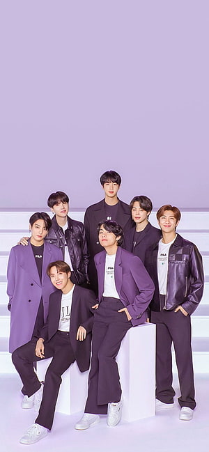 BTS Members in Purple and Black Fashion Outfits on White Stairs HD phone wallpaper