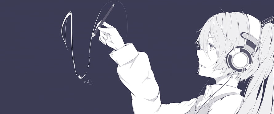 Anime girl with headphones sketching a musical note in a minimalist monochrome style HD wallpaper