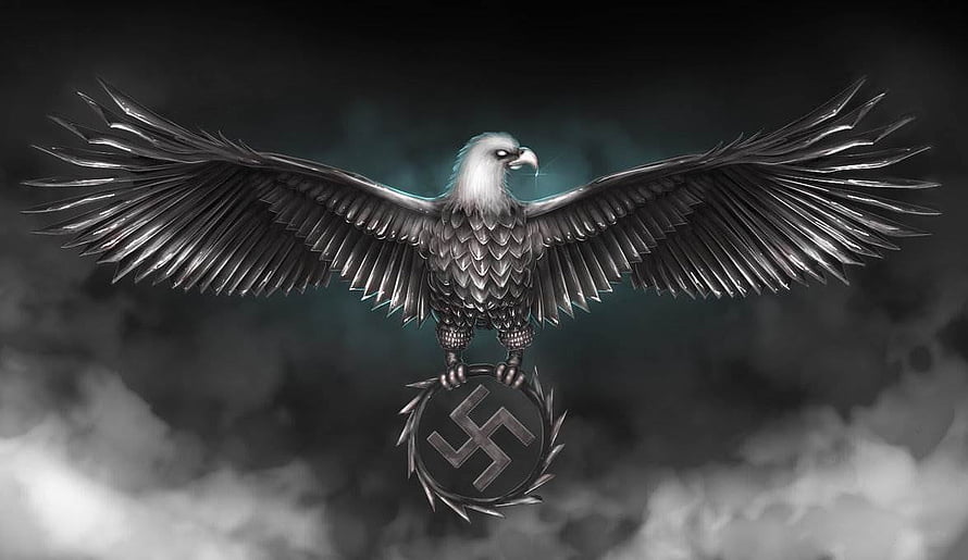 Metallic Eagle with Spread Wings Perched on a Swastika Emblem in Dark Fantasy Style HD wallpaper