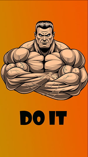 Motivational muscular man illustration with crossed arms and do it text on orange background, Do_it, Motivation, gym, Bodybuilding, push HD phone wallpaper