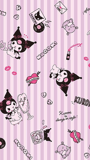 Cute Kuromi Character Pattern on Pink Striped Background with Hearts and Accessories HD phone wallpaper